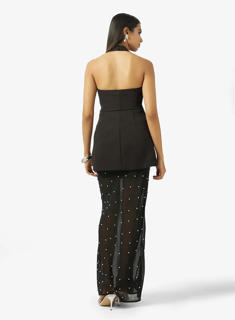 ستايل تشيت فستان سليب بحمالات مزين باللؤلؤ باللون الأسود